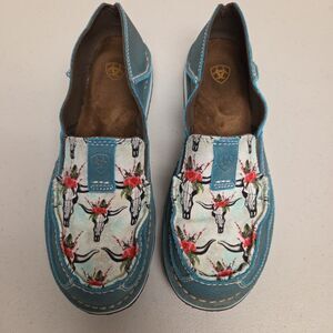 Ariat Turquoise Cow Skull Canvas Leather Cruiser Slip On Women’s Shoes Sz 7.5